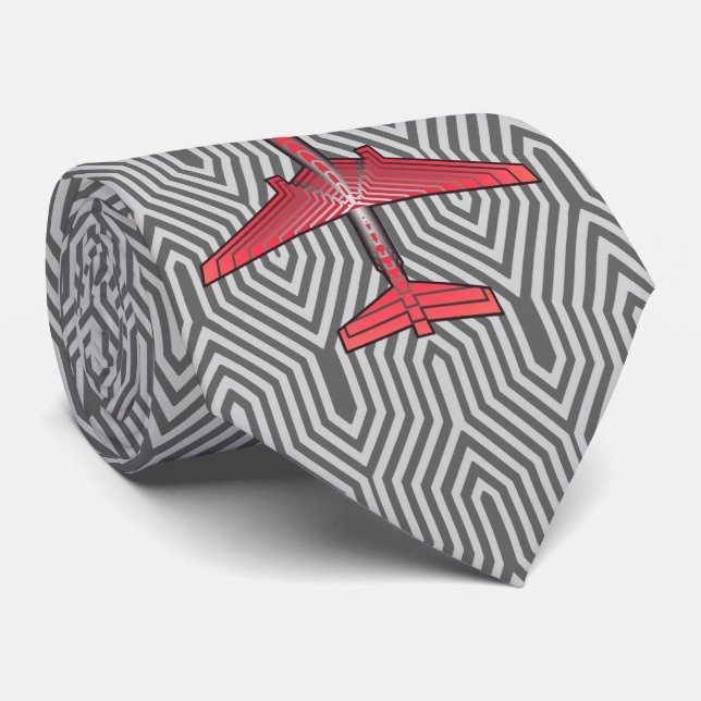 Art Deco Airplane, Coral Orange and Silver Grey Tie (Rolled)