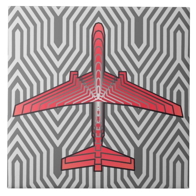 Art Deco Airplane, Coral Orange and Silver Grey Tile (Front)