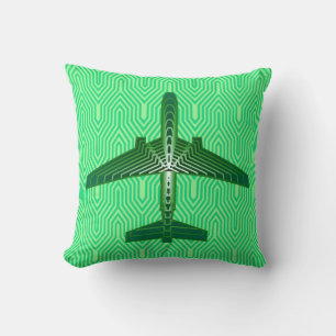 Art Deco Airplane, Emerald and Jade Green Throw Pillow