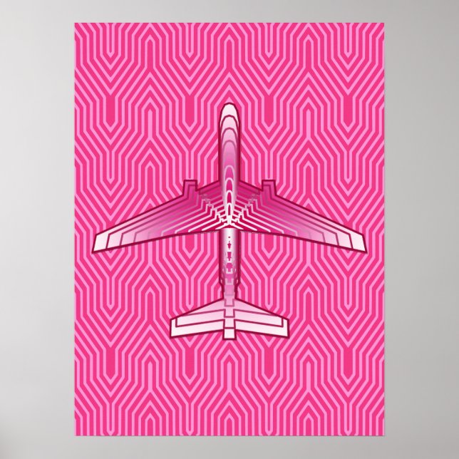 Art Deco Airplane, Fuchsia and Pastel Pink Poster (Front)