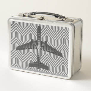 Art Deco Airplane, Graphite and Silver Grey Metal Lunch Box