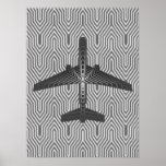Art Deco Airplane, Graphite and Silver Grey Poster<br><div class="desc">Print in an Art Deco inspired concept of a futuristic plane,  in a striped,  silky gradient of silver to deep graphite grey / grey,  against  a light and deep silver grey,  Deco background</div>
