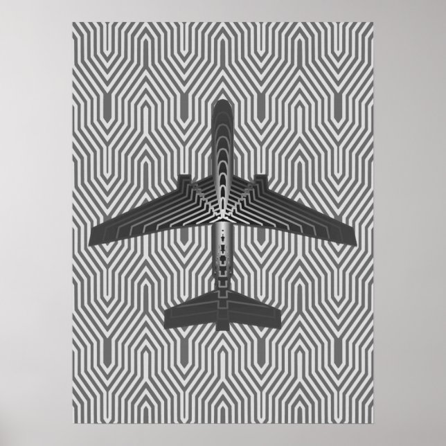 Art Deco Airplane, Graphite and Silver Grey Poster (Front)