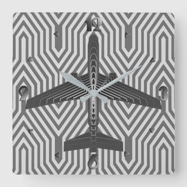 Art Deco Airplane, Graphite and Silver Grey Square Wall Clock (Front)
