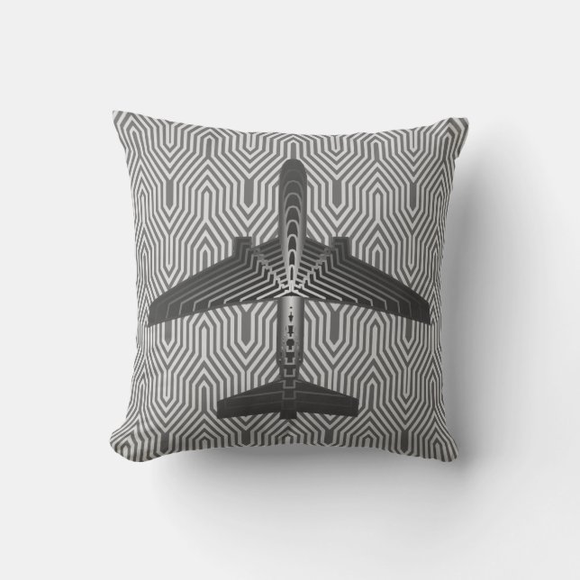 Art Deco Airplane, Graphite and Silver Grey Throw Pillow (Front)