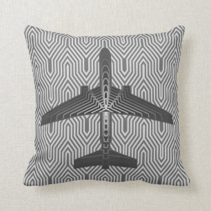 Art Deco Airplane, Graphite and Silver Grey Throw Pillow
