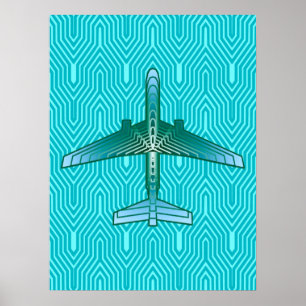 Art Deco Airplane, Turquoise, Teal and Aqua Poster