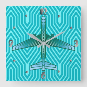 Art Deco Airplane, Turquoise, Teal and Aqua Square Wall Clock
