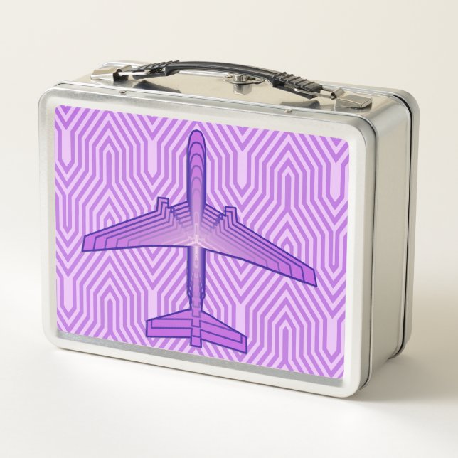 Art Deco Airplane, Violet Purple and Lavender Metal Lunch Box (Back)