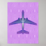 Art Deco Airplane, Violet Purple and Silver Gray Poster<br><div class="desc">Print in an Art Deco inspired concept of a futuristic plane,  in a striped,  silky gradient of lilac to deep violet purple,  with bands of silver gray / grey,  on a pastel lilac and orchid,  Deco background</div>