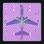 Art Deco Airplane, Violet Purple and Silver Grey Square Wall Clock<br><div class="desc">Clock in an Art Deco inspired concept of a futuristic plane,  in a striped,  silky gradient of lilac to deep violet purple,  with bands of silver grey / grey,  on a pastel lilac and orchid,  Deco background</div>