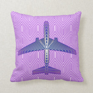 Art Deco Airplane, Violet Purple and Silver Grey Throw Pillow