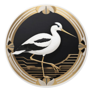 Art Deco American Avocet Bird Black White Gold Ceramic Knob