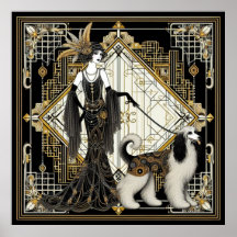 Art Déco Années 1920 Elégante Dame & Chien