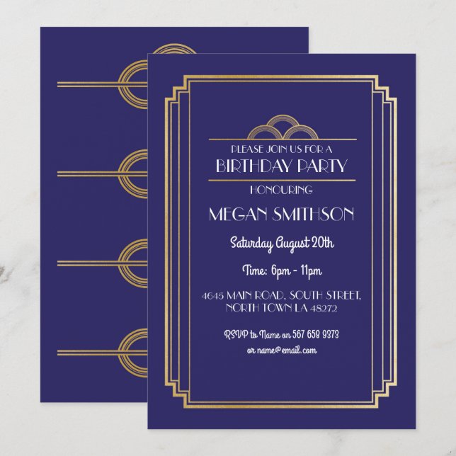 Art Déco Anniversaire Fête Invitation Marine 1920  (Devant / Derrière)