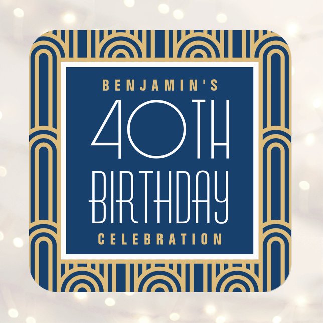 Art Deco Any Age Birthday Party Name Navy Gold Square Sticker (Creator Uploaded)