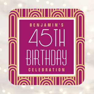 Art Deco Any Age Birthday Party Name Pink Gold Square Sticker