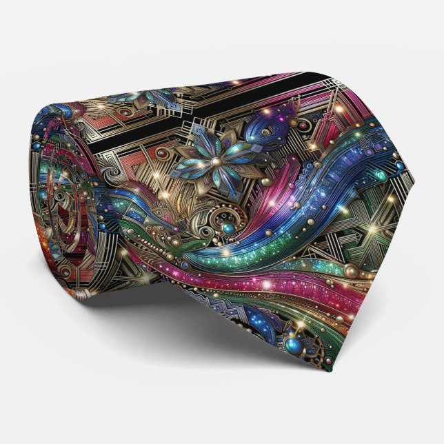 Art Deco Art Nouveau Rainbow Circuit Board Necktie (Rolled)