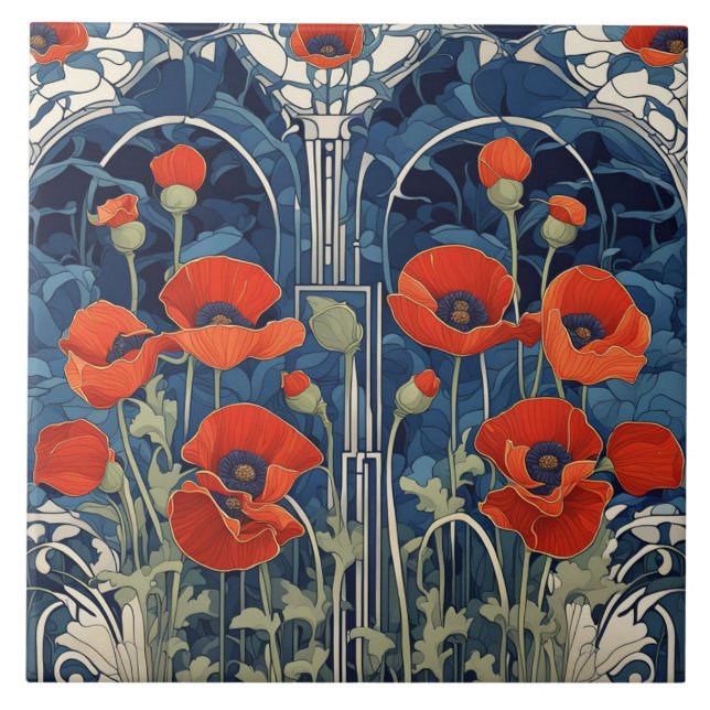 Art Deco Art Nouveau Red Poppy Flowers Blue Tile (Front)