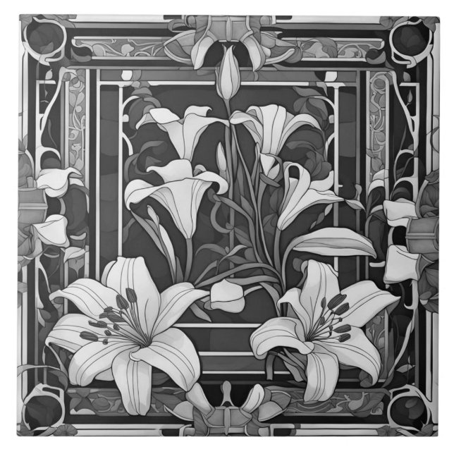 Art Deco Art Nouveau White Lily Flower Grey Floral Tile (Front)