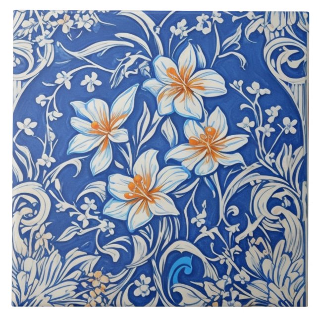 Art Deco Art Nouveau White Lily Flowers on Blue Tile (Front)