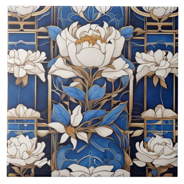 Art Deco Art Nouveau White Peony Flower Blue Tile (Front)