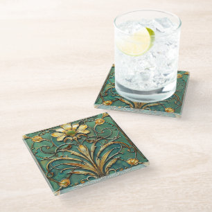  Art Deco Beautiful Lily Turquoise Green Gold Glass Coaster