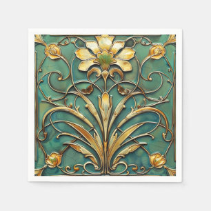  Art Deco Beautiful Lily Turquoise Green Gold Napkin