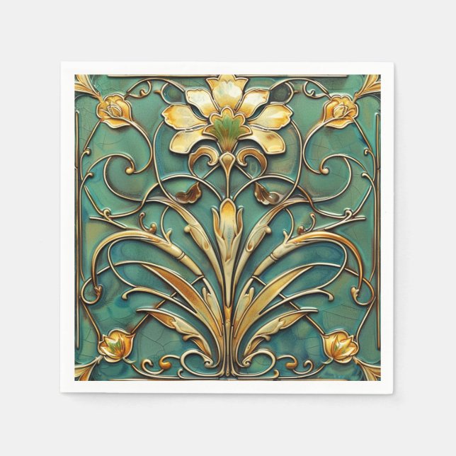  Art Deco Beautiful Lily Turquoise Green Gold Napkin (Front)