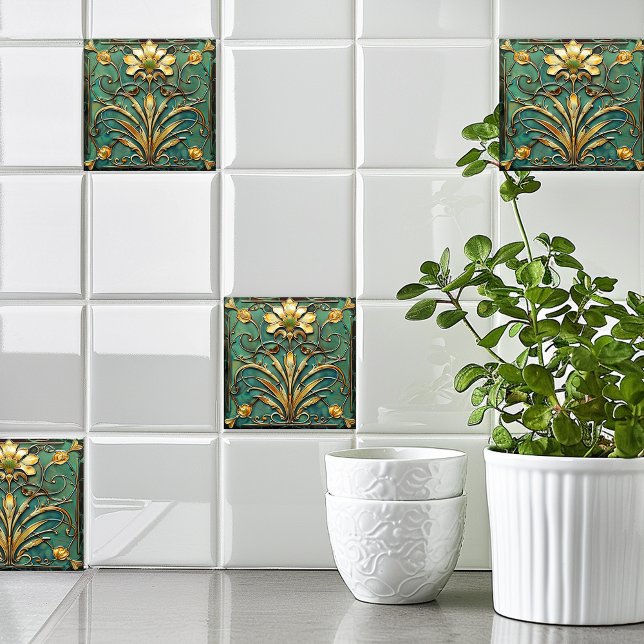  Art Deco Beautiful Lily Turquoise Green Gold Tile (Creator Uploaded)