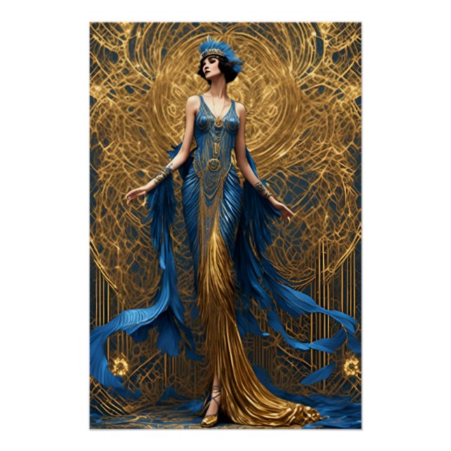 Art Deco Beautiful Woman Blue and Gold Poster (Front)