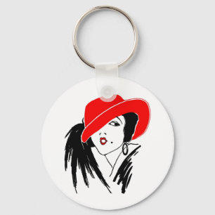 Art Deco Beautiful Woman Red Hat Keychain