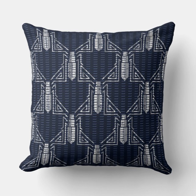 Art Deco Beetle Dashed Pattern - Grey on Navy Blue Throw Pillow (Front)