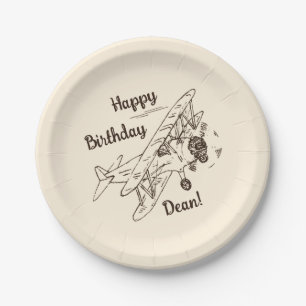 Art Deco Bi-planes - Happy Birthday + name. Paper Plate