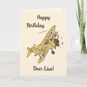 Art Deco Bi-planes - yellow Happy Birthday + name. Card