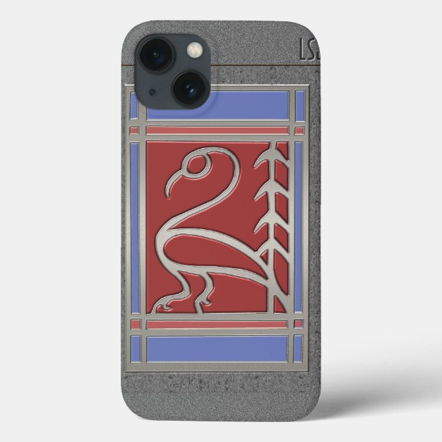 Art Deco Bird and Pine - Grey Blue Red - Monograms Case-Mate iPhone Case (Back)