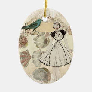 Art deco bird scripts seashells great gatsby girl ceramic ornament