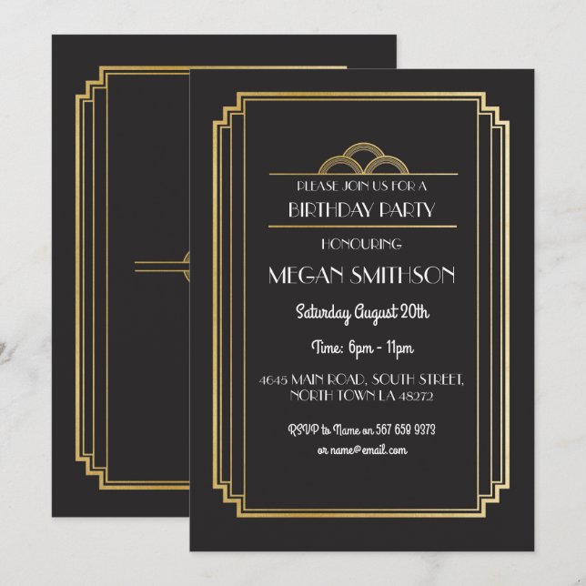 Art Deco Birthday Party Invite Gold 21 30 40 50 60 (Front/Back)