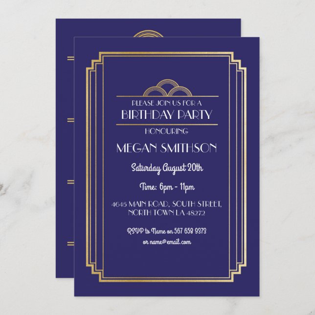 Art Deco Birthday Party Invite Navy 1920s 21 30 40 (Front/Back)
