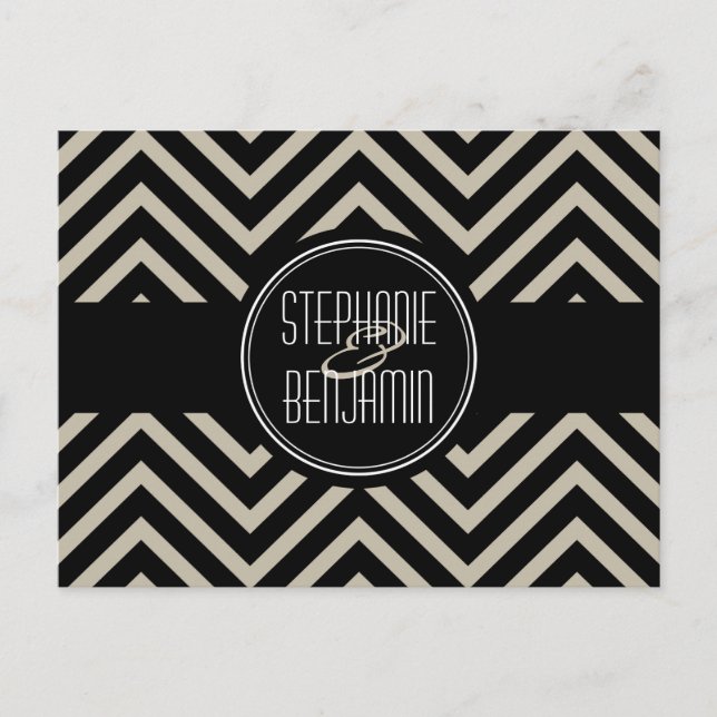 Art Deco Black and Beige Chevron Pattern Announcement Postcard (Front)