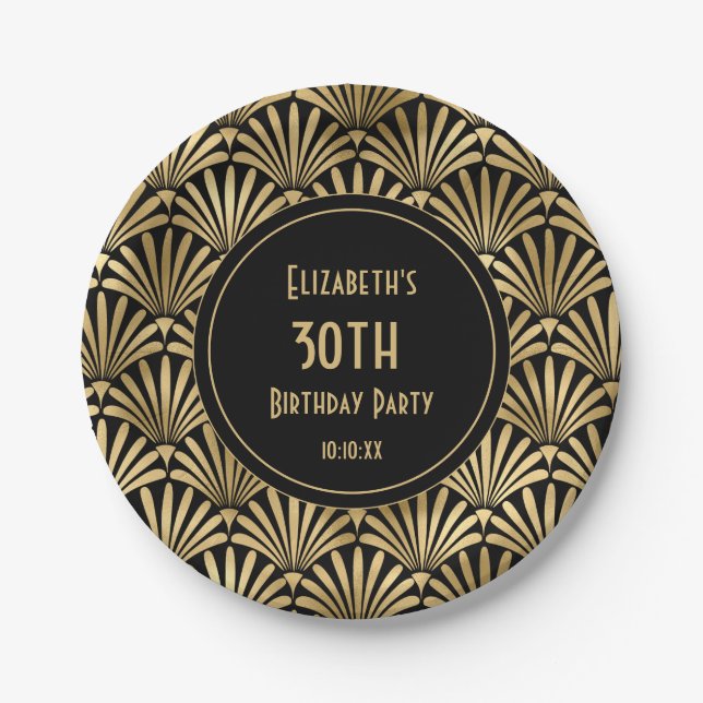 Art Deco Black and Gold 30th Birthday Party   Paper Plate (Front)