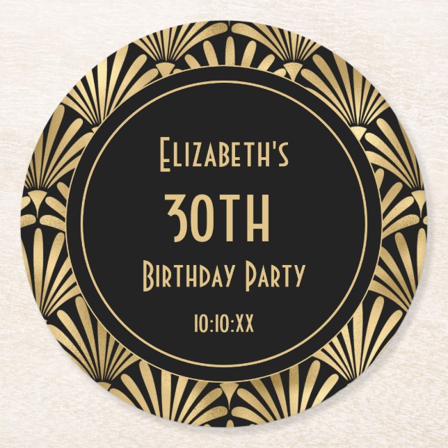 Art Deco Black and Gold 30th Birthday Party    Round Paper Coaster (Front)