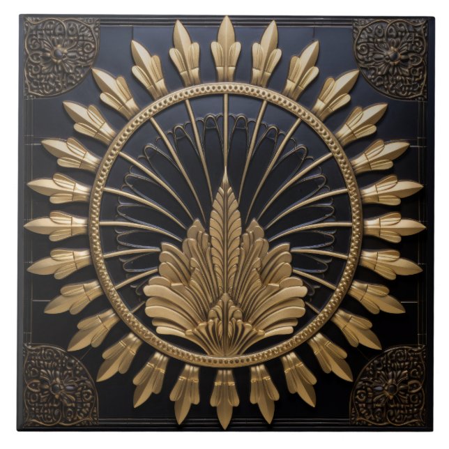 Art Deco Black And Gold Circle Luxury Tile (Front)