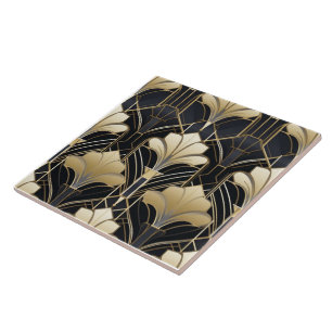 Art Deco Black and Gold Floral Tile