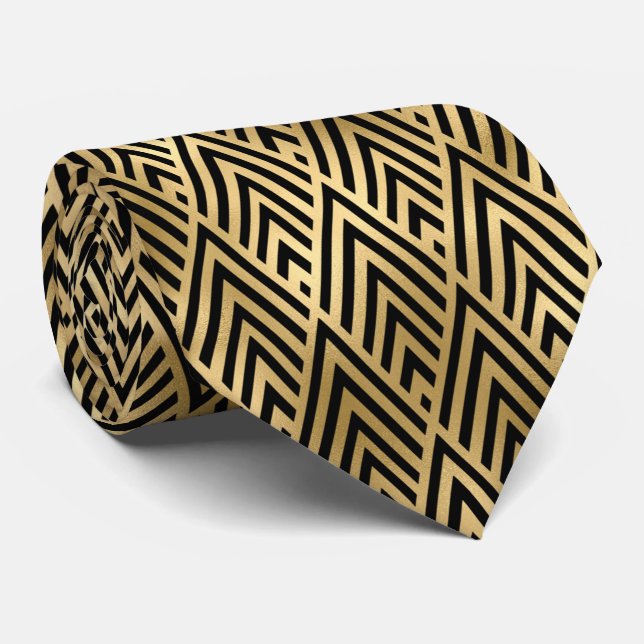 Art Deco Black and Gold Foil Diamond Pattern Tie (Rolled)