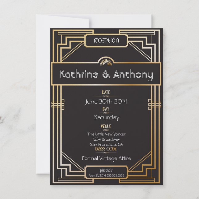Art Deco Black and Gold Gatsby Reception Invitation (Front)