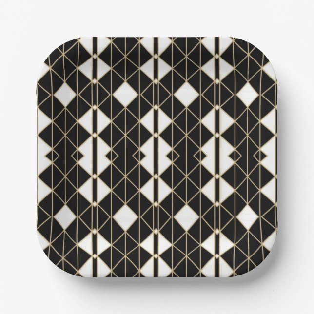Art Deco Black and Gold Geometric luxury Paper Plate (Front)
