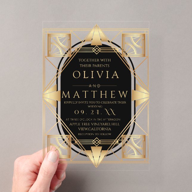 Art Deco Black and Gold Geometric Wedding  Acrylic Invitations (Insitu (Handheld))
