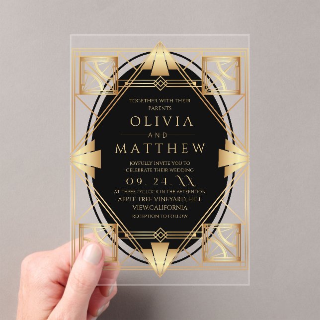 Art Deco Black and Gold Geometric Wedding  Acrylic Invitations (Insitu (Handheld))