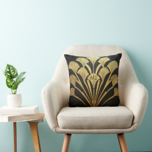Art Deco Black and Gold Hieroglyphic Plant Motif Throw Pillow
